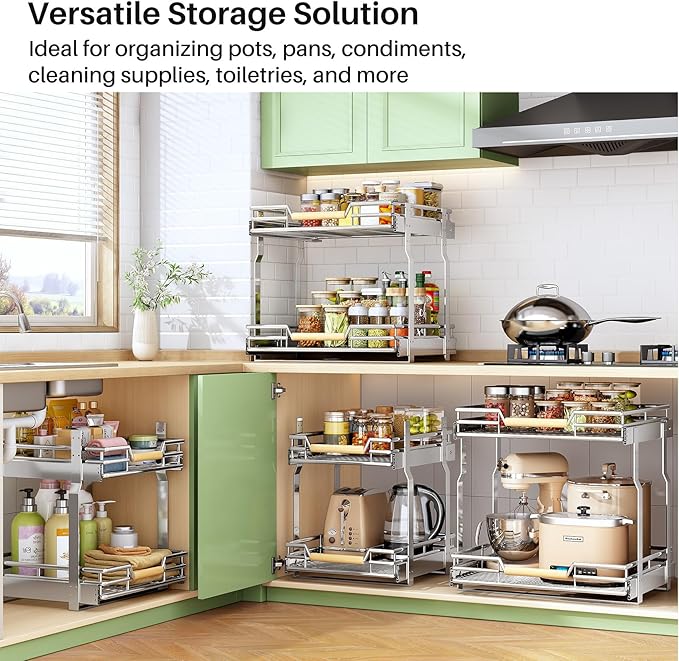 Pull out Cabinet Organizer, 2 Tiers 17"W X 21"D, Heavy Duty Smooth Sliding Under Cabinet Shelves for Pots and Pans, Full-Extension Roll out Drawers, Slide out Organization for Home Kitchen Pantry