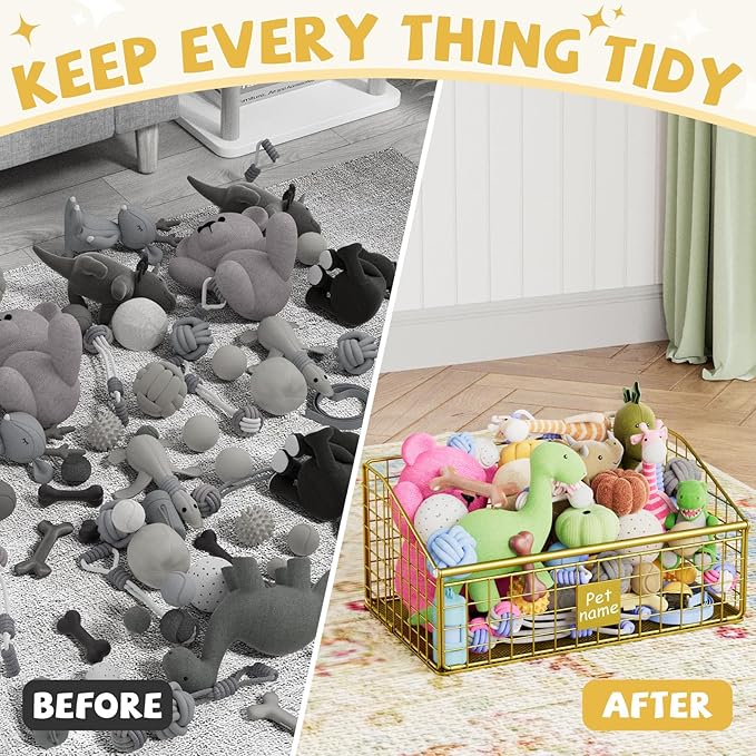 Indestructible Dog Toy basket, Medium Toy Box for Dogs,Pet Toy Bin Dog Metal Basket for Toys, Toy Storage Organizer, Toy Box for Living Room Area (Gold)