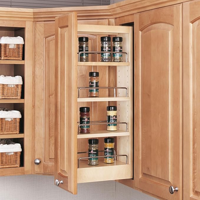 Rev-A-Shelf 5" Pull Out Storage Organizer for Wall Kitchen Cabinets, Sliding Adjustable Shelves for Spice Rack or Cans, Wood & Chrome, 448-WC-5C