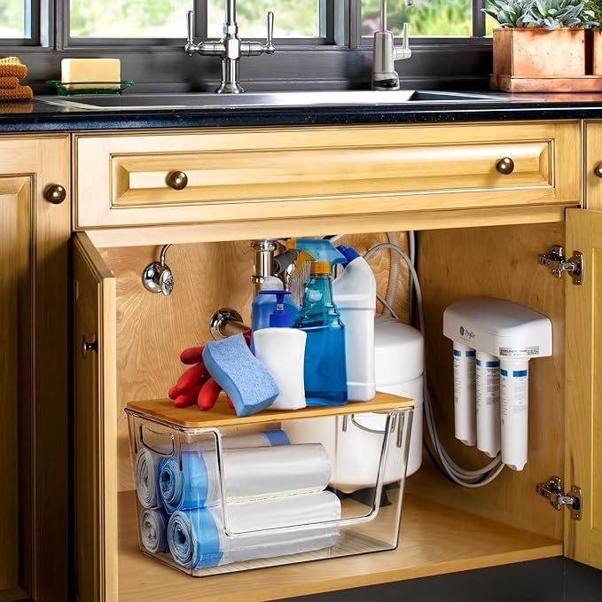 Pantry Organizers Storage, 2 Pack Under Sink Organizer Trash Bag Holder with Bamboo Lids Large Capacity Clear Storage Bins for Onion, Potato, Garlic, Canned Food Kitchen Countertop Organizer