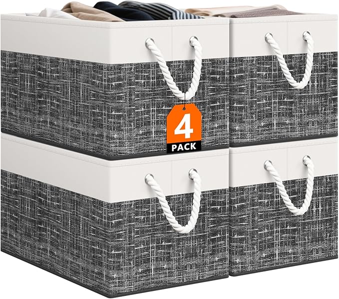 Storage Bin,Collapsible Storage Basket For Organizing,Large Storage Boxes With Rope Handles,Storage Containers,White & Black,4 Pack