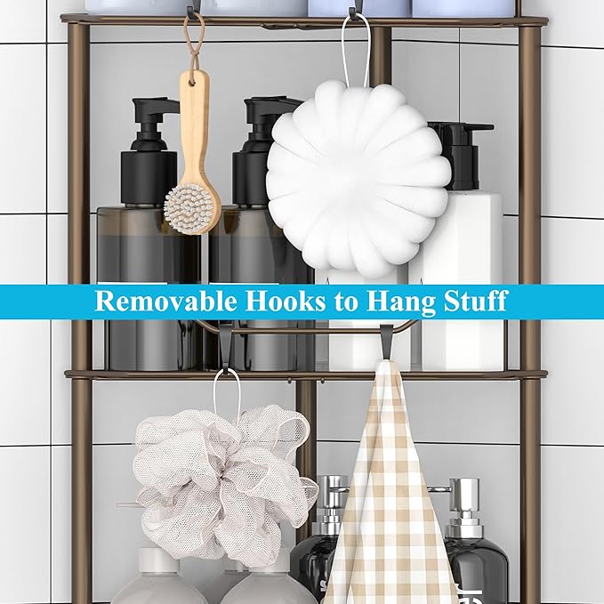 5 Tier Floor Standing Corner Shower Caddy Organizer Shelf with Hooks, Bathroom Shelves Stand Rack, Bronze