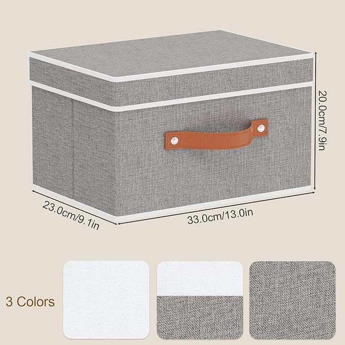 YheenLf Fabric Storage Basket with Lids, Linen Foldable Storage Bins, Closet Organizer Boxes with Double Handles, Grey, 3 Pack, 13 x 9.1 x 7.9 Inch