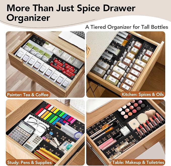 2-Pack Expandable Spice Drawer Organizer (11"-22"), 3-Tier Angled Seasoning Rack for Kitchen, Sturdy Vented Insert with Labels & Funnel, Fits Standard & Biger Spice Jars (Jars Not Included)