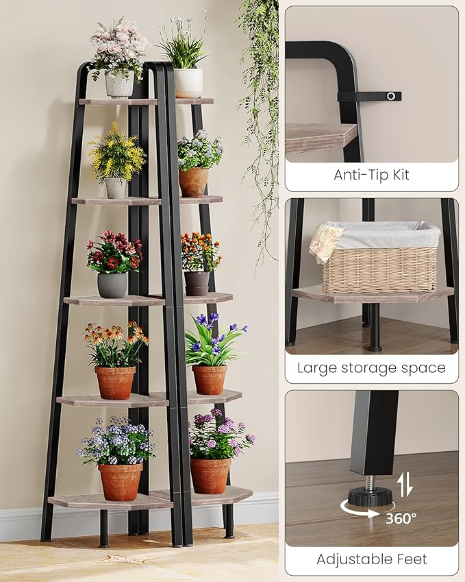 Corner Shelf, 5-Tier Ladder Corner Shelf, Ladder Bookshelf, 59.6" Tall Vertical Display Stand, Metal Frame Bookshelf, for Living Room, Bedroom, Kitchen, Greige and Black TCJ20BG