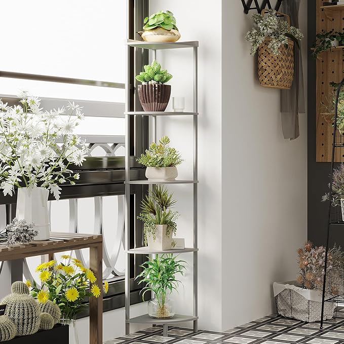 SUNMORY 5 Tier Corner Shelf Stand,Industrial 65" Corner Shelves Display Shelf for Living Room Decor,Wall Corner Bookshelf Multi Unit Organizer,Tall Shelf Plant Stand for Bedroom,Bathroom,Small Space