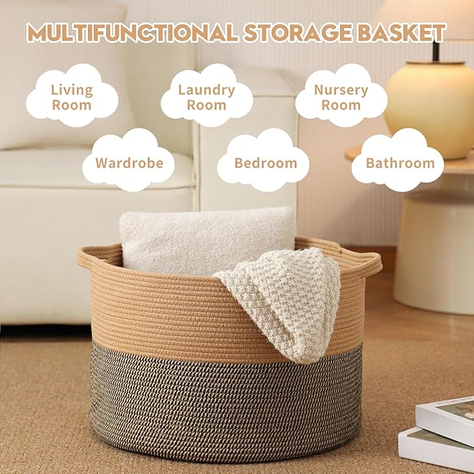 Foldable Laundry Hamper Basket with Collapsible Handle Cotton Rope Soft Woven Fabric Storage Organizer Clothes Toys Nursery Bedroom Dorm Space Saving Bin (Camel & Mix Camel, 65L(19.7"D x 12.6"H))