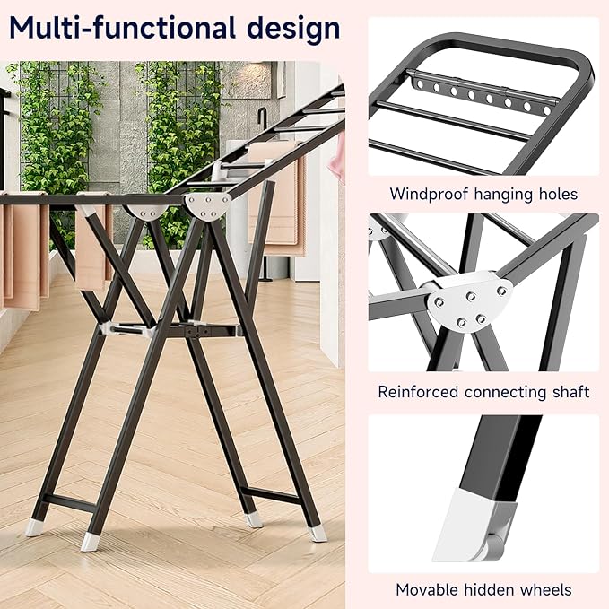 MIKEE Clothes Drying Rack,Foldable Laundry Drying Rack for Indoor & Outdoor Use，with Height-Adjustable Wings，2-Tier Clothes Rack with Windproof Hanging Holes and Wheels，132 lb