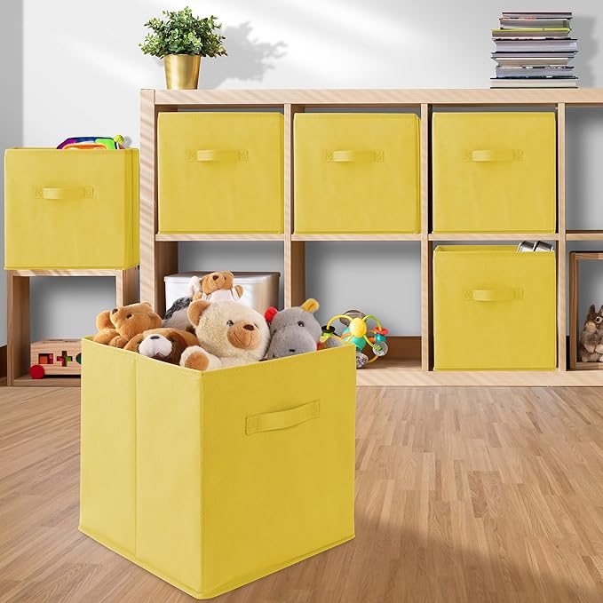 Casafield Set of 6 Collapsible Fabric Cube Storage Bins, Yellow - 13" Foldable Cloth Baskets for Shelves, Cubby Organizers & More
