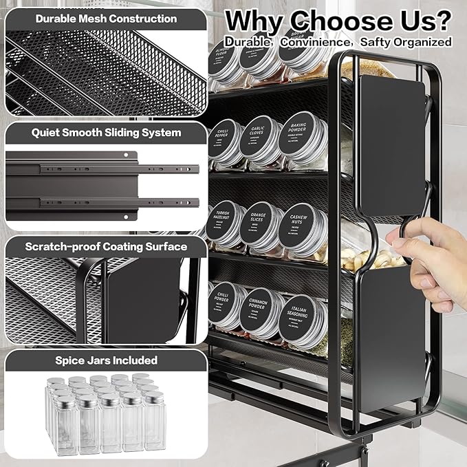 Spice Rack Organizer Drawer Cabinet: Pull Out Spice Seasoning Organization with 20 Jars - Facing Left or Right with Labels and Chalk Maker 4 Tier Slide Out Kitchen Storage for Countertop Wall Mount