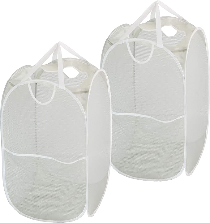 Simple Houseware Mesh Pop-Up Laundry Hamper Basket With Side Pocket, Gray - 2 Pack