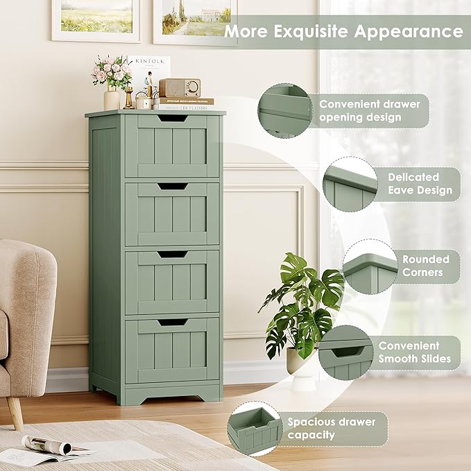 FOTOSOK Bathroom Storage Cabinet, Bathroom Cabinet with 4 Drawers, 11.8” x 11.8” x 32.5” Freestanding Entryway Cupboard Storage Organizer Unit Home Furniture Decor, Green