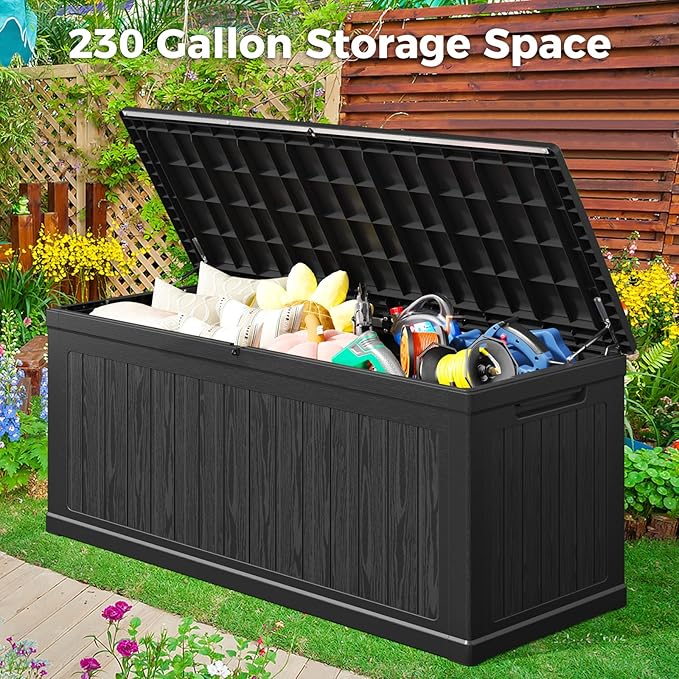 Lyromix 230 Gallon Outdoor Storage Box, UV-Resistant Waterproof Deck Box Outdoor with Lockable Design (Lock Not Included) and Hydraulic Lid, Patio Storage Bin for Cushions and Garden Tools, Black