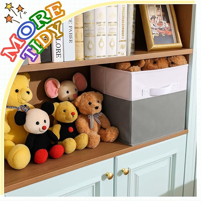 Yinder 6 Pcs Cube Storage Bin 11'' Storage Bins for Room Decor Colorful Bins Foldable Baskets for Nursery Organizer Boxes Fabric Boxes (White Gray)