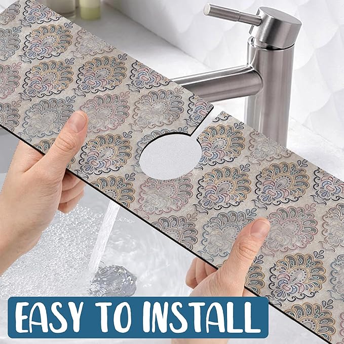 Grey Ceramic Printing Sink Faucet Absorbing Mat Ceramic Texture Super Absorbent Fast Drying Mat Sink Gadgets Behind Faucet Sinkmat for Kitchen Bathroom, 23.5"x5.5"