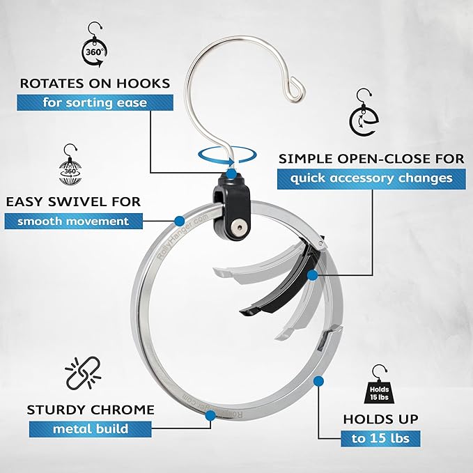 Rolly Hanger® Closet Space Saver – Premium Rotating Aluminum Organizer for Belts, Ties, Hats & Handbags – Heavy Duty 360° Swivel – Declutter & Maximize Storage (1 Pack)