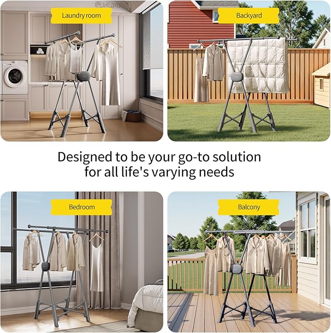 BIREN Clothes Drying Rack Heavy Duty Clothing Racks Foldable Laundry Rack Two Drying Modes Garment Racks for Drying Clothes, Adjustable Length from 32-55 Inches for Indoor Outdoor Use