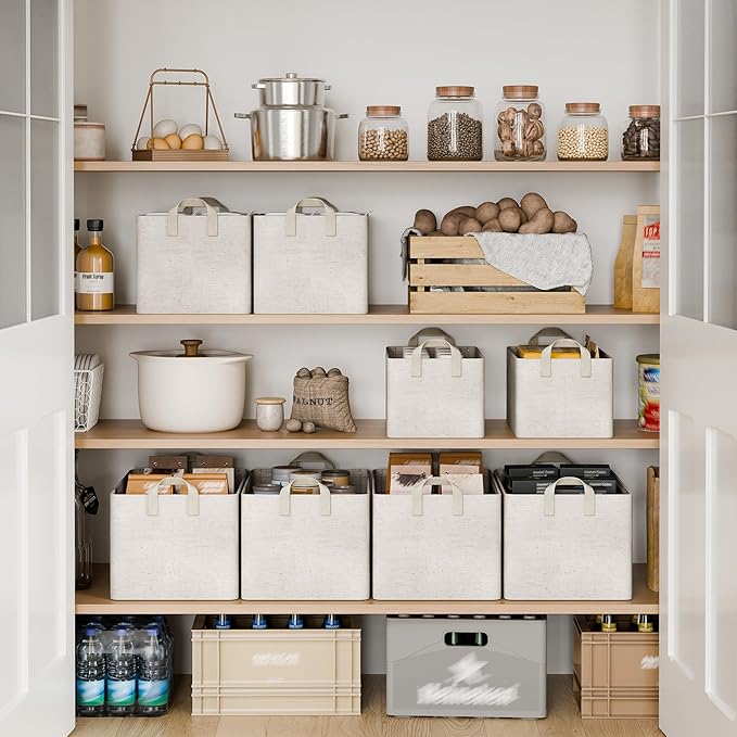 StorageWorks Storage Bins, Shelves Baskets for Organizing, Large Fabric Closet Organizers with Handles, Metal Frame, Beige-Cotton-linen, 2-Pack