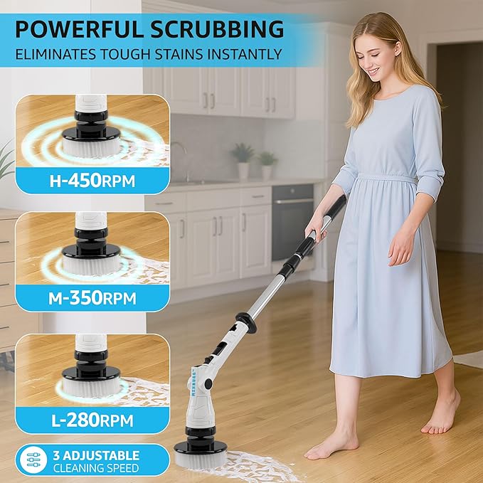 Mixbugg Electric Spin Scrubber – Cordless Power Cleaner with 8 Brush Heads, Long Adjustable Handle, 3 Speed for Deep Bathroom, Tile, Floor & Tub Cleaning, 6-Angle Adjustable