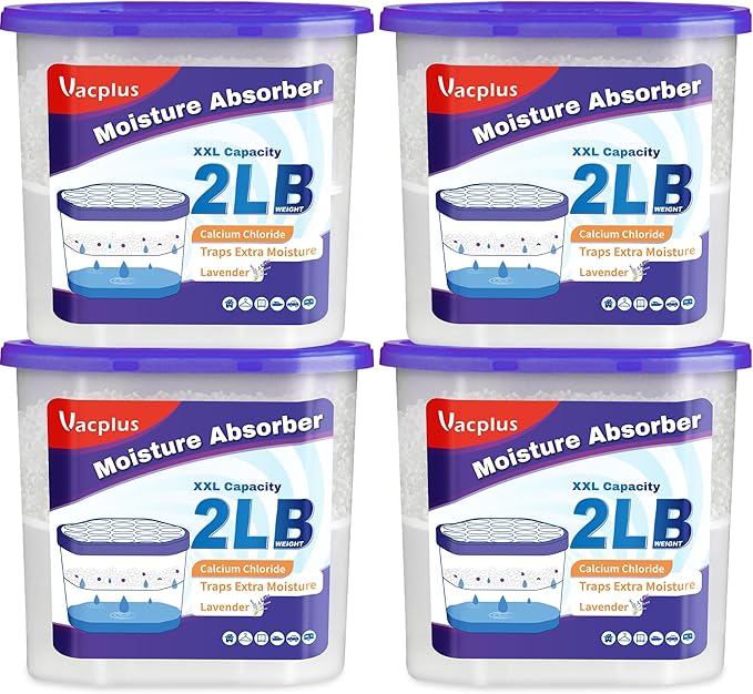 Vacplus Moisture Absorber Buckets – Large Capacity Dehumidifier and Humidity Absorber for Closet, Basement, Bathroom, RV, and Storage Areas, Lavender, 2 lbs, 4 Pack