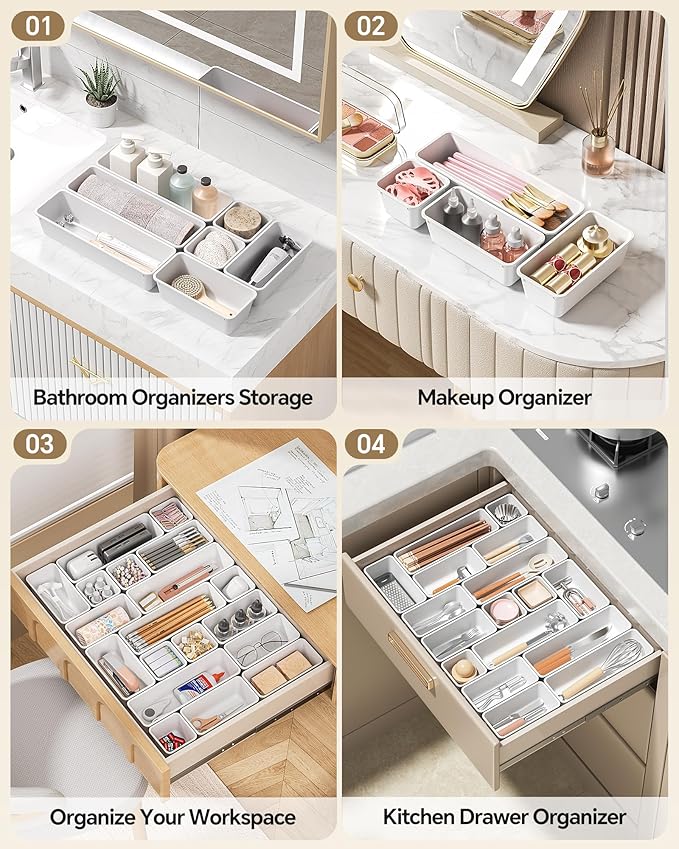 13 Pack Plastic Drawer Organizers Set, 3 Sizes Desk Drawer Organizer Trays for Vanity and Makeup Organizer, Organization and Storage for Makeup, Kitchen Utensils, Bathroom and Office(White)