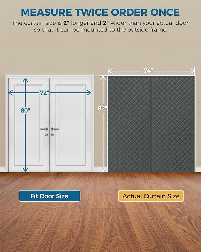 Magnetic Thermal Insulated Door Curtain Fits Door Size 72 x 80 Inch, Insulation Cover for Cold, Oxford Cloth Thicken Cotton Filled Blanket for Front Back Attic Door in Winter, Grey