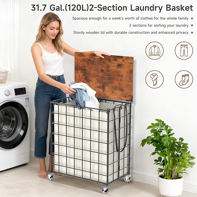 Laundry Basket with Wheels, Heavy Duty Laundry Sorter 2 Sections, 120L (32Gal.) Large Capacity Laundry Hamper with Wood Lid, 360 Rolling Wheels, Extra Side Pocket, Leather Pull Handle (Beige)