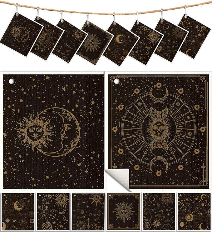 8 Pack Swedish Kitchen Dishcloths - Absorbent Reusable Dish Towels, Fast Drying, Moon Sun