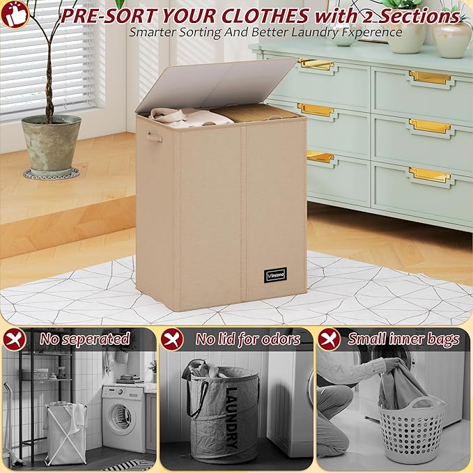150L Laundry Hamper 2 Section, Large Laundry Hamper with Lid, Dirty Clothes Hamper with 2 Removable Inner Bags, Collapsible Laundry Basket Organizer for for Clothes Toys Towels, Hamper 2 Compartment