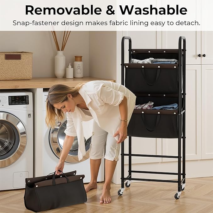 GRANNY SAYS 3 Tier Laundry Sorter, Laundry Basket with Wheels, Laundry Room Organization and Storage, 3 Section Rolling Laundry Cart for Dorm, Bathroom, Bedroom, Closet, Black