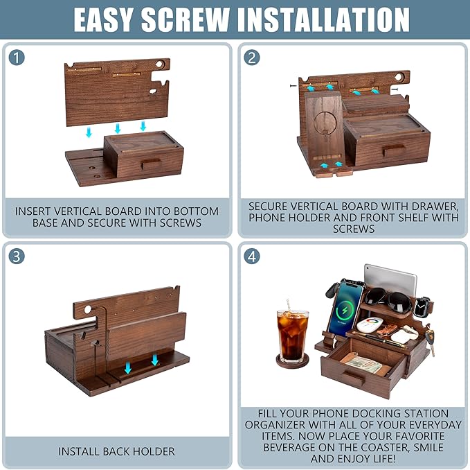 Parkway Home Wood Phone Docking Station with Drawer, Compatible with Apple Watch - Wood Charging Station Organizer Stand, Bedside Nightstand Organizer for Men, Holds Phone, Tablet, Keys, Glasses, EDC