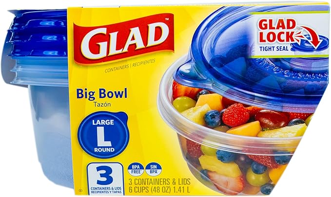 Glad GladWare Big Bowl Food Storage Containers, Large Round Bowl Holds 48 Ounces of Food - Glad Food Storage Containers for Everyday Use to Preserve Freshness, 3 Count