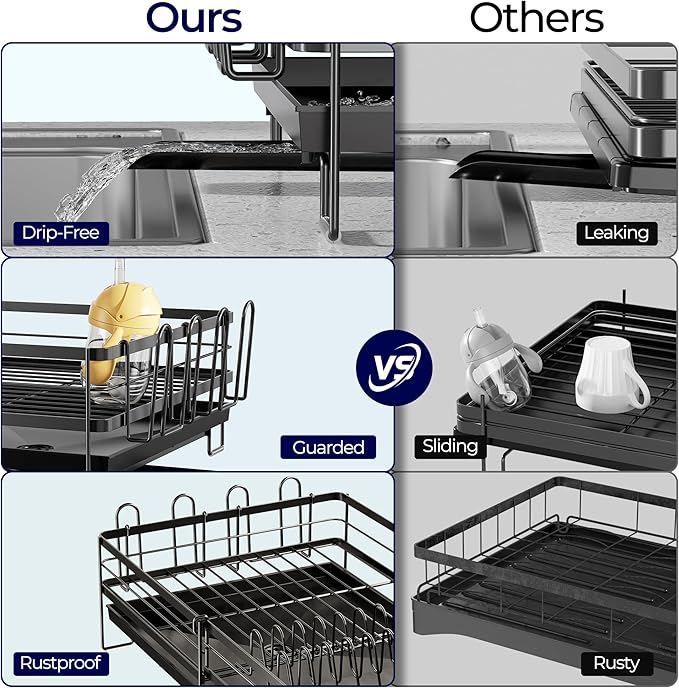 Large Dish Drying Rack, Expandable Dish Rack for Kitchen Counter, Dish Drainer with Drainboard Set, Multifunctional Dishrack with Utensil Holder & Cup Holder, 13.4"-28.7" L x 11.8" W, Black