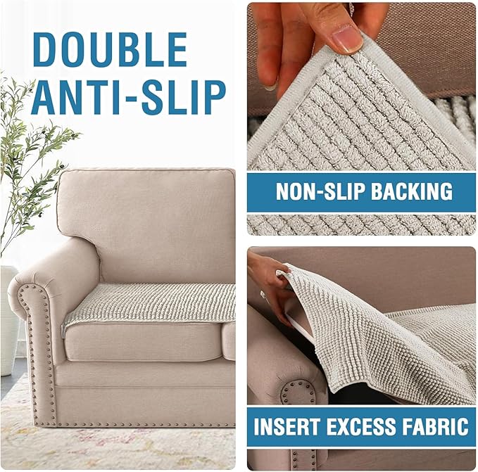 H.VERSAILTEX Plush Chenille Couch Cover for 3 Cushion Couch Anti Slip Washable Sofa Slipcovers Soft and Durable Furniture Protector for Dogs Cats Kids (27.5" x 71", Oatmeal)