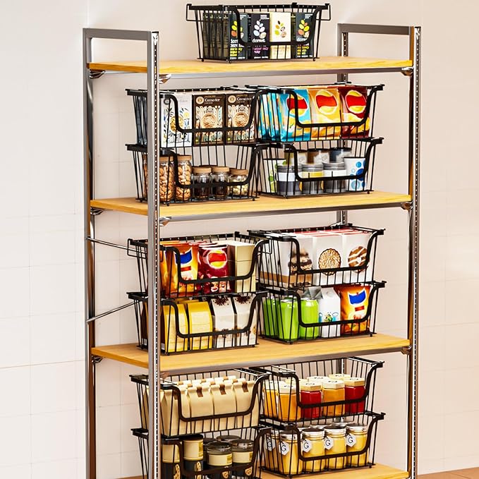5 Pack Enhanced Leak-Proof Bottom Stackable Wire Baskets, Pantry Organizers and Storage, pantry storage，Shelf Baskets, Fruit Basket, Potato and Onion Storage Bins，(Black)
