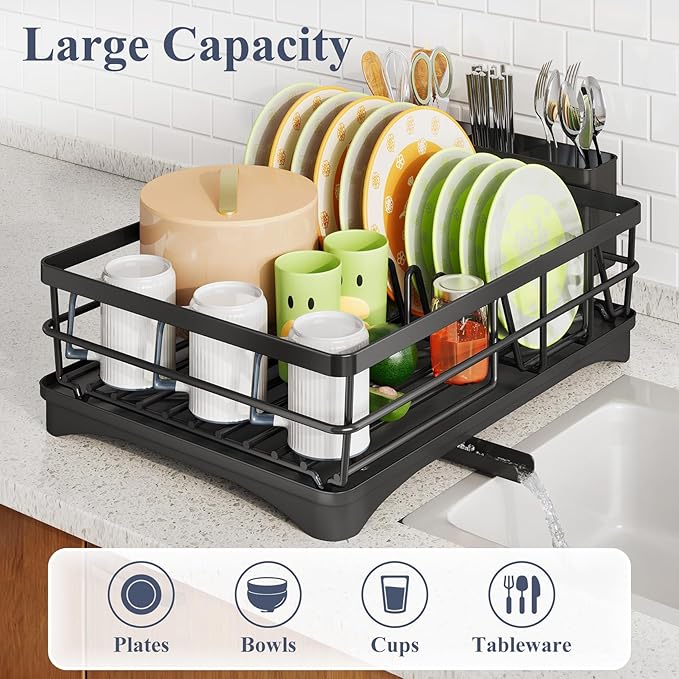 SAYZH Dish Drying Rack - Stainless Steel Dish Rack for Kitchen Counter, Large-Capacity Dish Drainer with Cutlery Holder, Kitchen Organizer for Dishes, Spoons and Forks, Black
