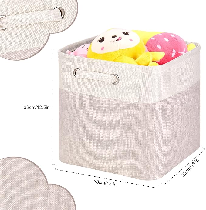 3 Pack 13x13x13 Storage Cube Bins with Handles, Beige Fabric Storage Baskets Heavy Duty Foldable - Cloth Organizer Bins for Closet, Shelf, Office (13 Inch Cube Storage Bins)