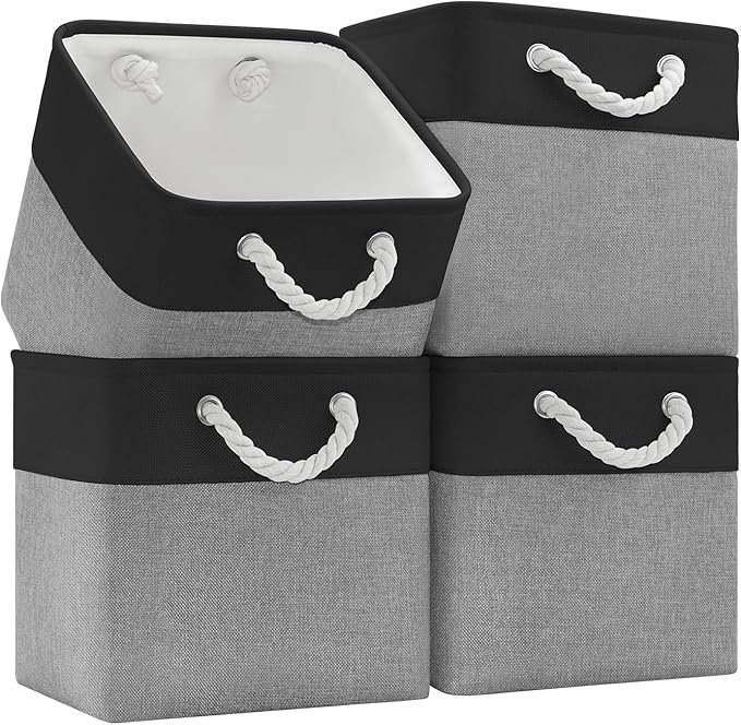 11 Inch Cube Storage Bins, 4 Pack Fabric Storage Cubes with Rope Handles, Organizer Baskets for Closet Shelves, Clothes and Home Organization(Dark/Gray)