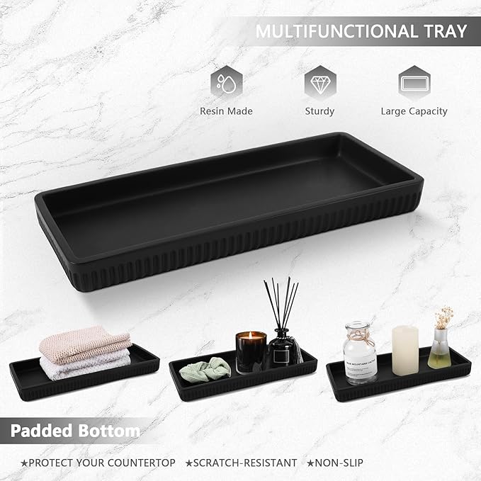 Resin Matte Black Bathroom Accessories Set 5 Pcs, Lotion Soap Dispenser, Toothbrush Holder, Bathroom Tumbler, Qtip Holder and Vanity Tray, Bathroom Countertop Organizer Set for Home Apartment