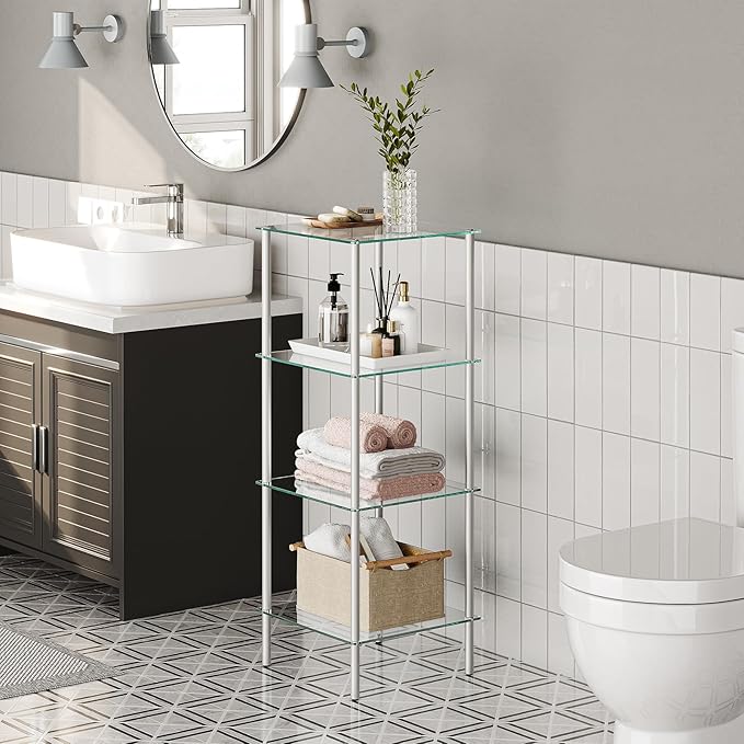 HOOBRO Glass Shelf, 4 Tier Bathroom Standing Shelf Unit, Tempered Glass Shelving Stand for Small Space, Perfume Stand Organizer, Space-Saving, for Bathroom, Bedroom, Steel Frame, Silver SV04CJ01