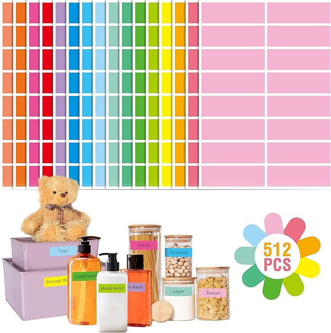 512 Color Coding Labels, 16 Colors Blank Stickers Mini Rectangular Labels 3 x 1”, Colored Assorted Sticker for Marking Projects, Boxes, Jars, Storage Containers, Files