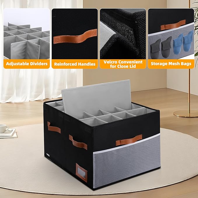 Shoe Organizer for Closet, Foldable Shoe Storage Bins with Lid & Adjustable Dividers, Fabric Shoe Box Storage Containers with Four Reinforced Handles, Fits 20 Pairs, 1 Pack, Black