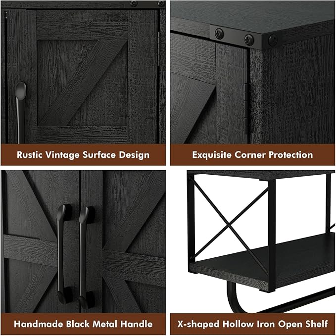 RUSTOWN Farmhouse Medicine Cabinet with 2 Barn Door, Wood Wall Mounted Storage Cabinet with Adjustable Shelf and Towel Bar, 3-Tier Bathroom Cabinet for Bathroom, Living Room(Black, Medium)