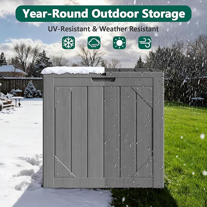 Outdoor Storage Box,30 Gallon Deck Box Outdoor Storage Bench Outside Waterproof Resin Storage Bench, Lockable Patio Cushions, Garden Tools Storage For Furniture, UV Resistant(Gray