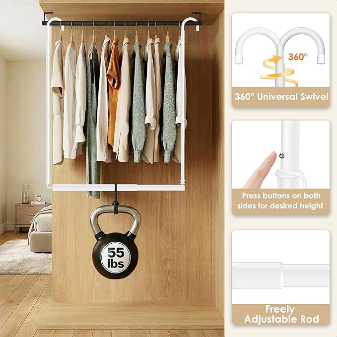 Stepless Extender Closet Hanging Rod - Heavy Duty Closet Rods for Hanging Clothes, Adjustable Width & Height, Space-Saving White Closet Organizer for Hanging & Drying Clothes, Easy to Install
