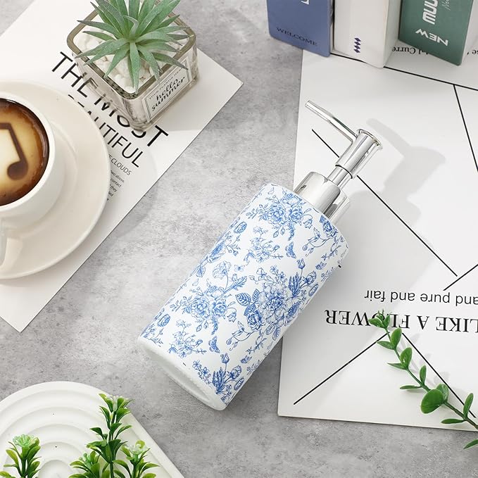 JarThenaAMCS Blue Floral Soap Dispenser Vintage Flower Butterfly Glass Dispenser with Pump Refillable Chinoiserie Liquid Soap Container for Farmhouse Home Kitchen Bathroom Countertop
