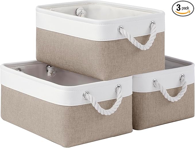 Storage Baskets for Shelves 13.8x9.8x6.7 Inch, Foldable Fabric Storage Bins with Handles, Small Storage Baskets for Organizing Closet, Office, Home Organization (3-Pack, White&Khaki)