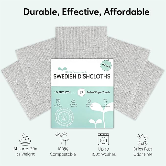 Swedish Dishcloths for Kitchen, 5 Pack Swedish Dish Cloths, Ultra Absorbent Reusable Paper Towels, Cellulose Sponge Cloths, Quick Drying, No Odor, Dishwasher Safe Grey