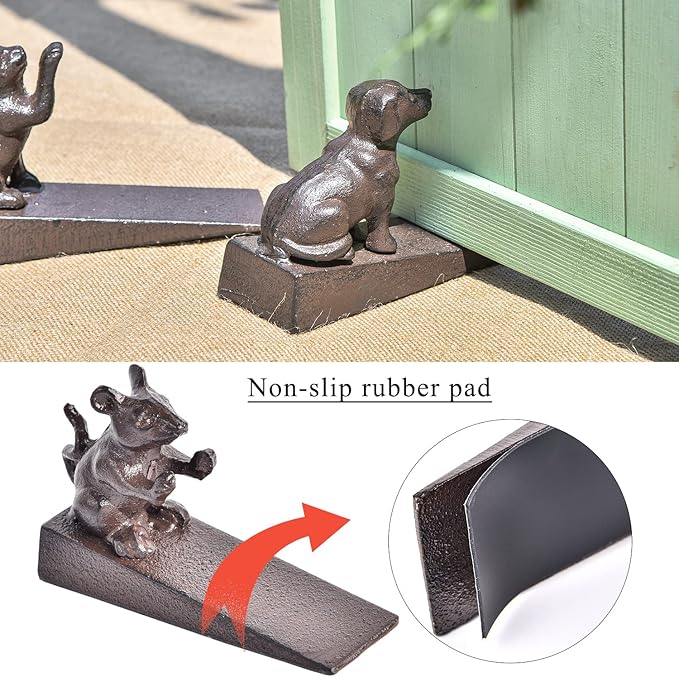 Sungmor Heavy Duty Cast Iron Dog Door Stops | Decorative Cute Animal Statue Metal Door Stopper Wedge with Non-Slip Mat | Solid & Antique Style Windproof Door Holder for Patio Yard Garden Farmhouse