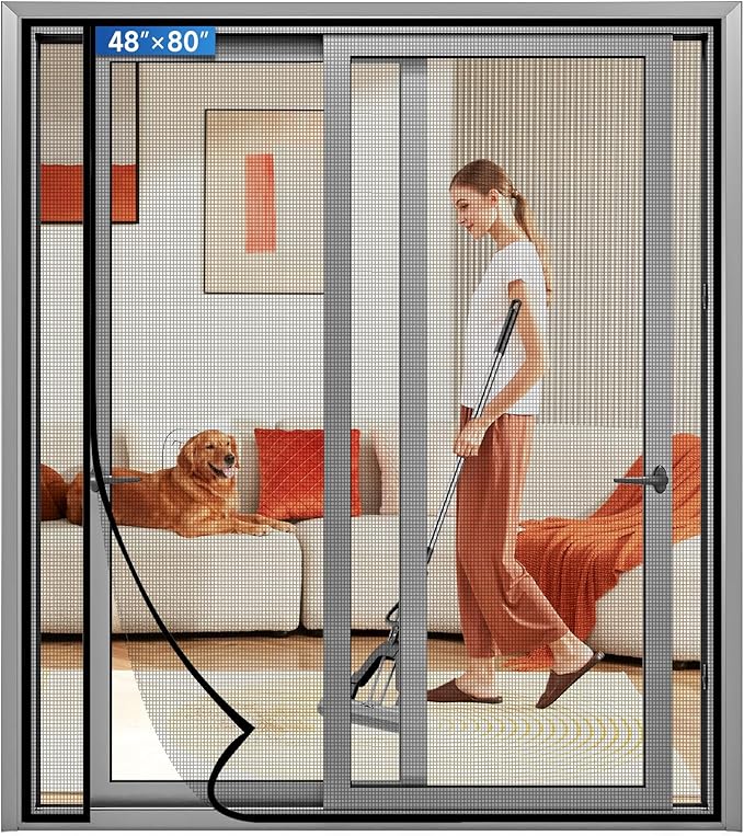 Magnetic Screen Door Left Right Side Opening Upgraded PET Mesh Greater Than Fiberglass and Polyester,Keep Bugs Out,Pet & Kid Friendly,Suitable for Sliding Doors,Patio French Doors-48" X 80"